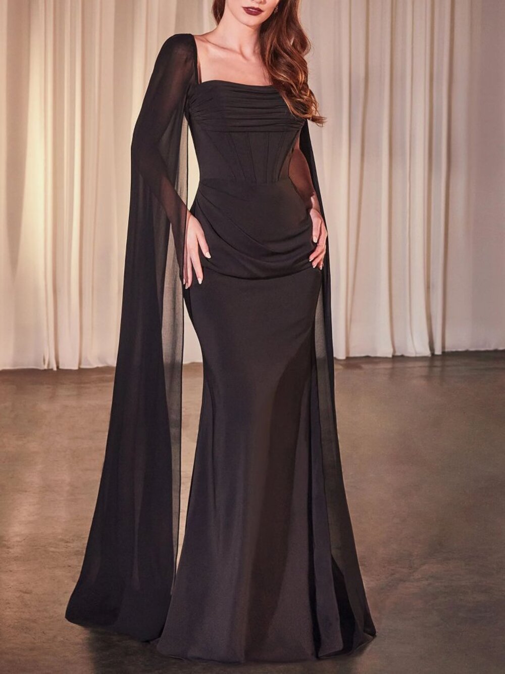 Black Chiffon Cape Formal Dress 6